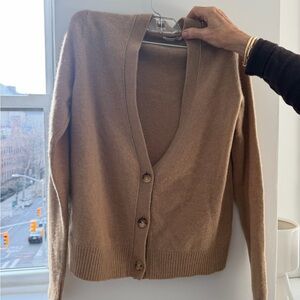 Women's Camel Brown V-Neck Button Cashmere Blend Cardigan